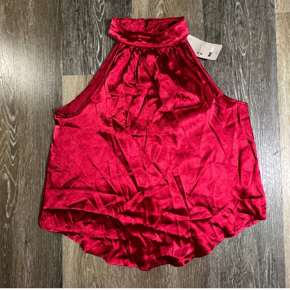 Emery Rose Halter Top Womens Small Red Satin Mock Neck Sleeveless Blouse